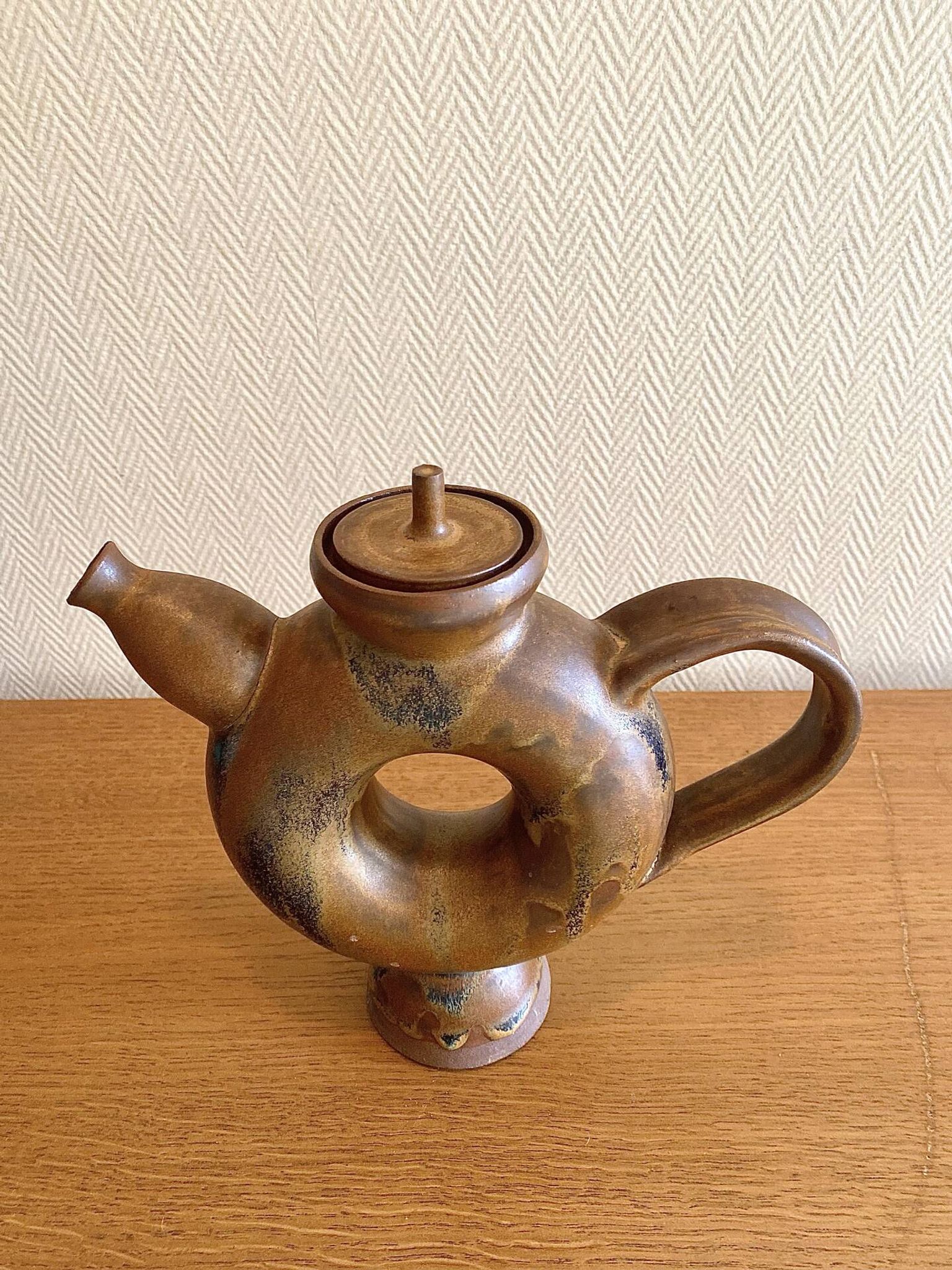 Glazed stoneware sculptural teapot signed