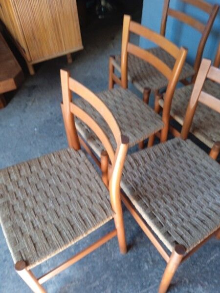 6 Scandinavian chairs wood and rope period 1960