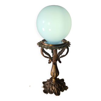 lampe de table bronze 19eme age 38x16 opaline bleu ,tres belle,