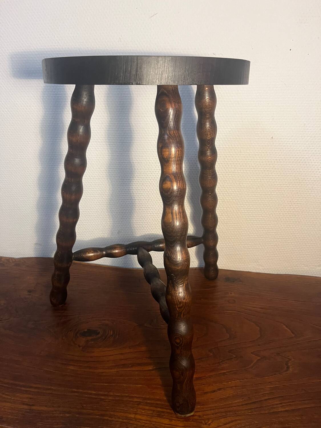 Solid wood tripod stool with turned legs