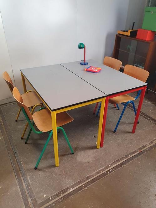 Multicolored dining table and chairs 80s