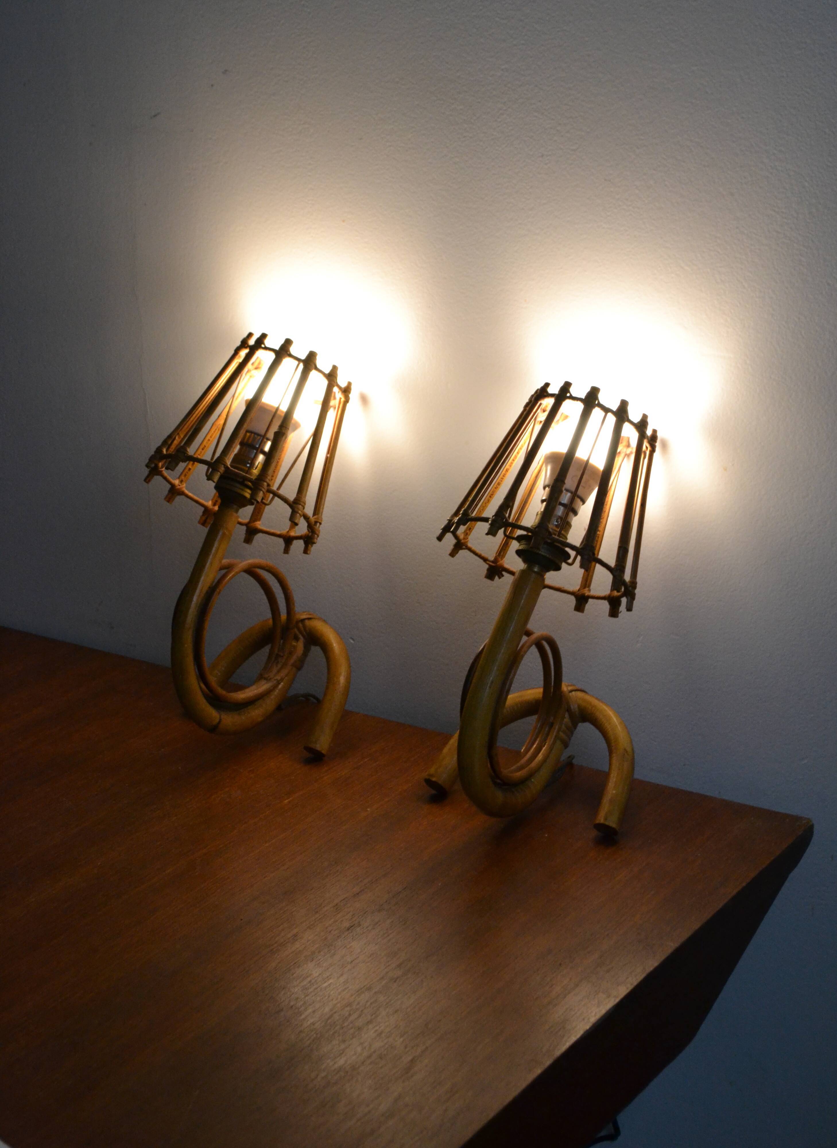 Pair of rattan wall lamps 70s Louis Sognot