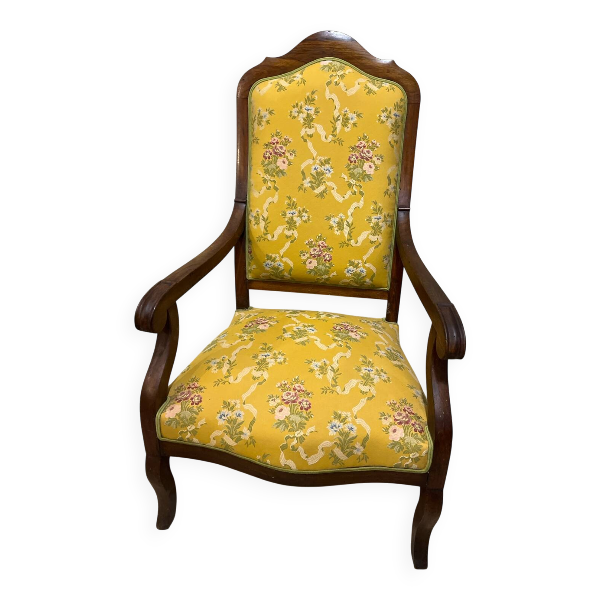 Louis XV style cabriolet armchair in solid wood, yellow floral fabric.