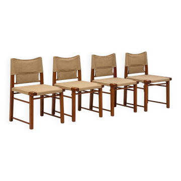 Set of four Italian wooden dining chairs with canvas upholstery, 1970s