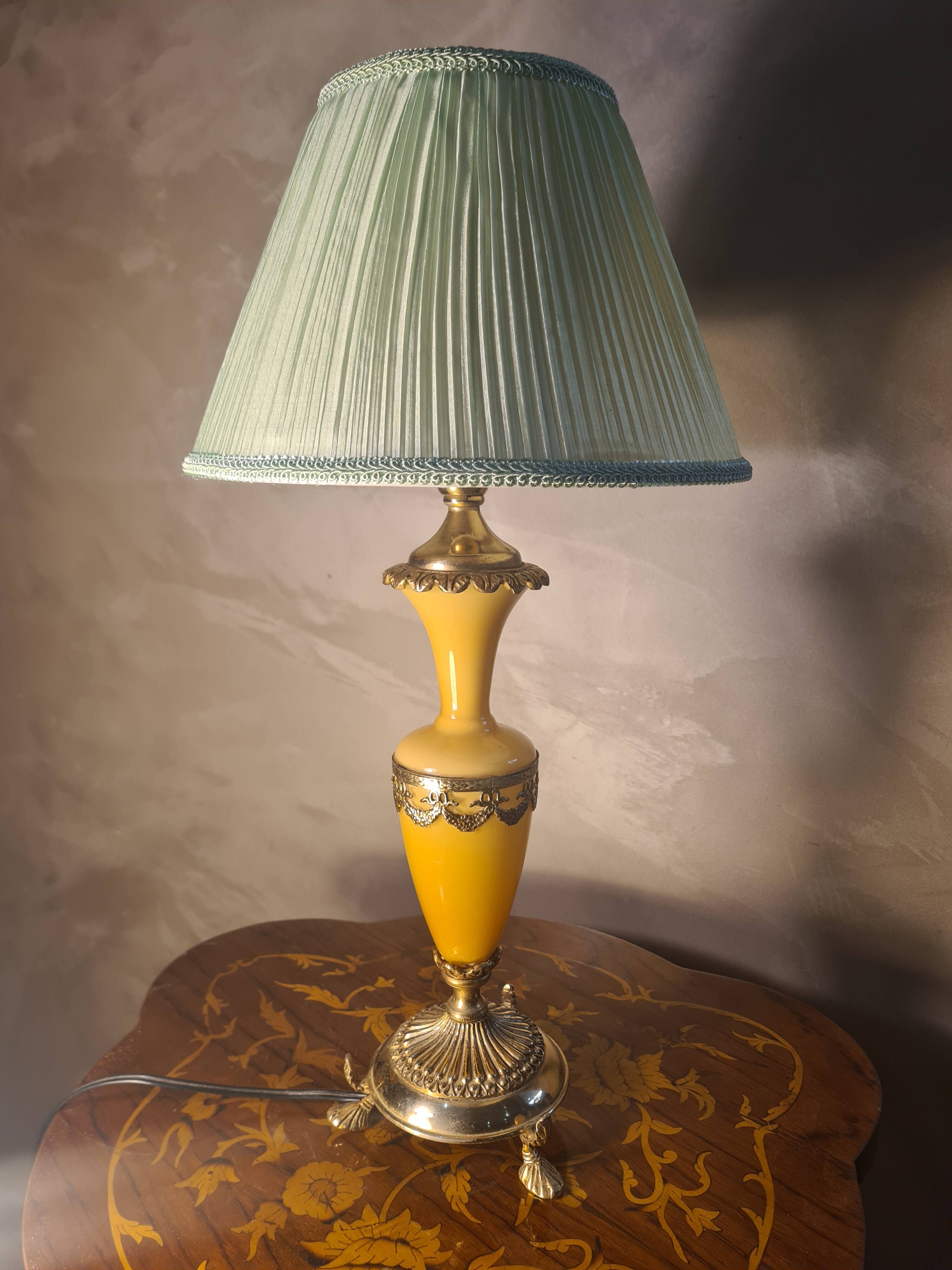 honey opaline lamp with gilding, pleated satin shade 50x25, electrical in good condition, very good