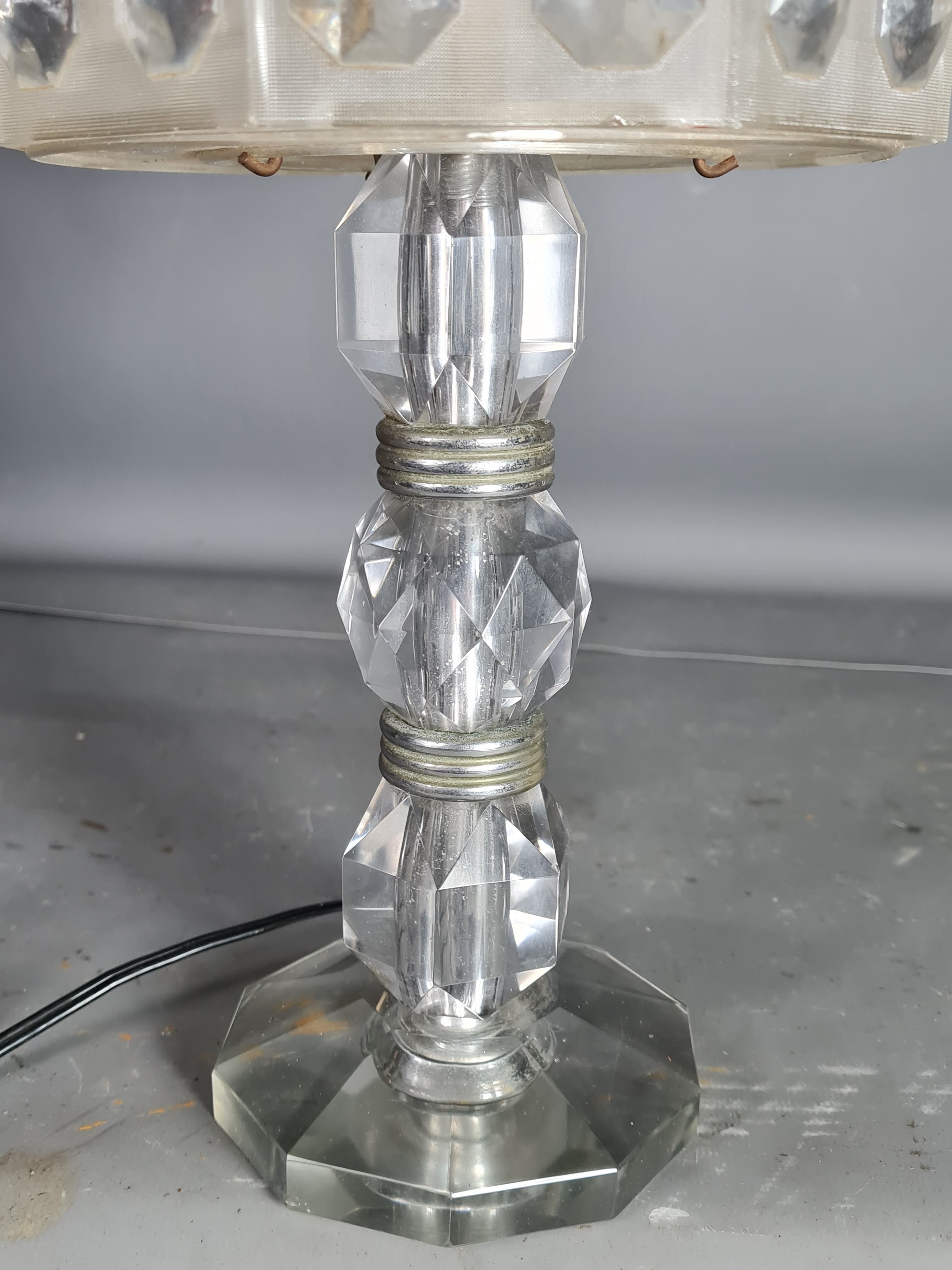 Table lamp foot glass & diamond plastic lampshade Vintage 50-60