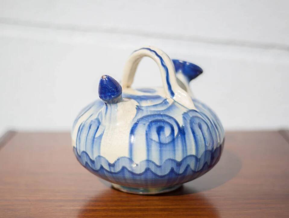 Chevrette pitcher in enamelled terracotta, terracotta gargoulette, folk art pottery, decoration