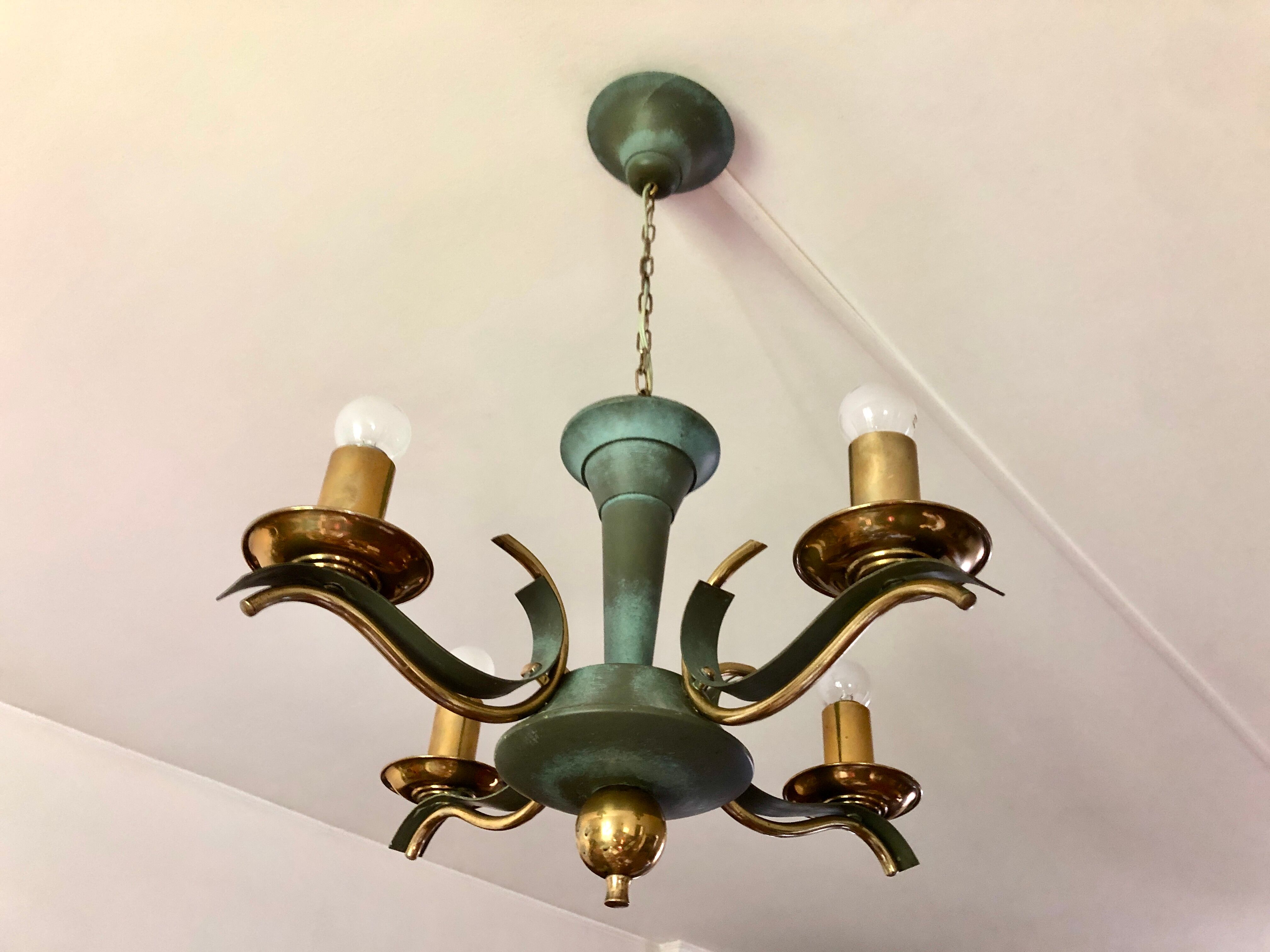 Celadon green modernist chandelier and solid brass