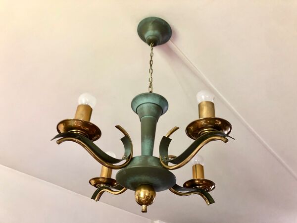 Lustre moderniste vert céladon et laiton massif
