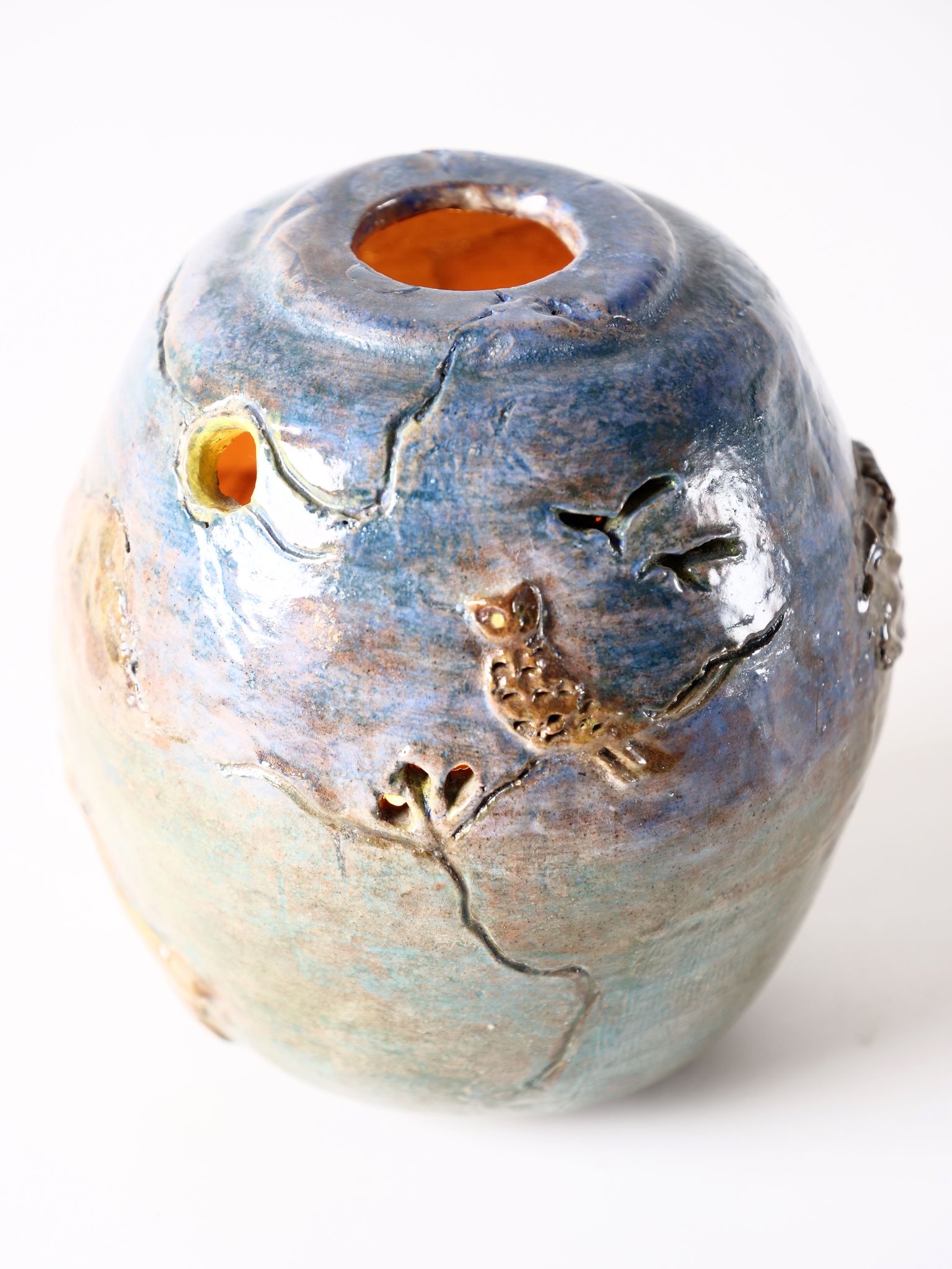 Terracotta photophore scenette owl in the moonlight