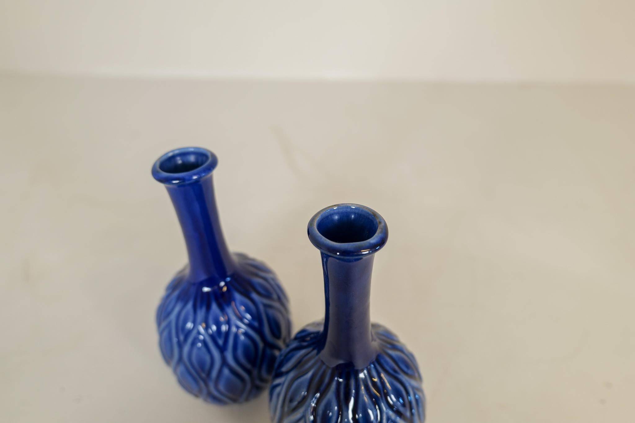 Blue and red peacock vases Midcentury Sven Erik Skawonius Upsala Ekeby, 1950s