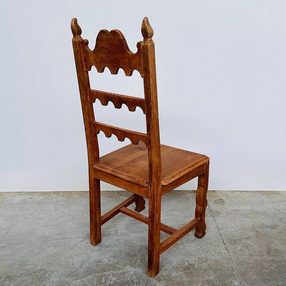 Set of 6 vintage solid oak high-back dining chairs – rustic European / Spanish revival