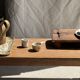 Small stool, footrest in organic blond teak monoxyle wabi-sabi L22