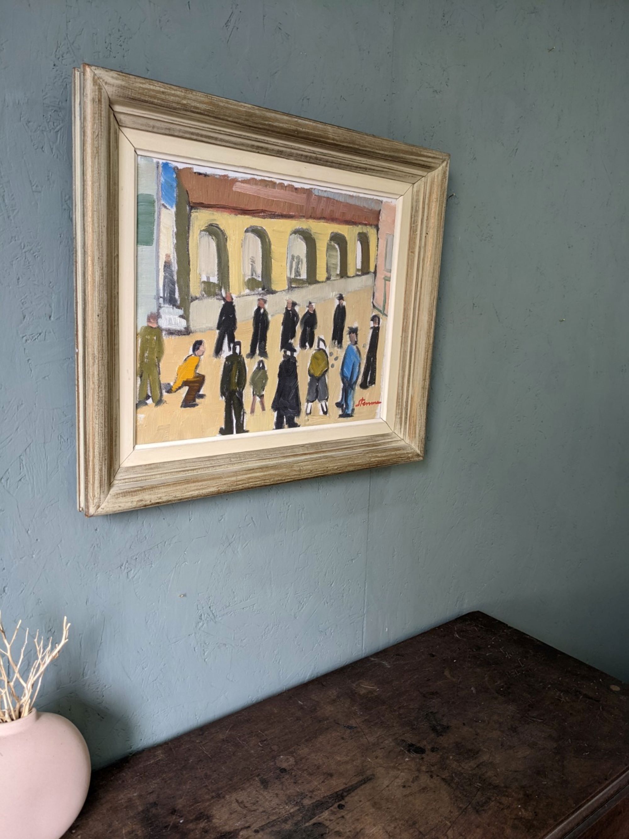 Mid-Century Modern Swedish Oil Painting "A Game of Petanque" Vintage Figurative Street Scene, Framed