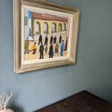 Mid-Century Modern Swedish Oil Painting "A Game of Petanque" Vintage Figurative Street Scene, Framed