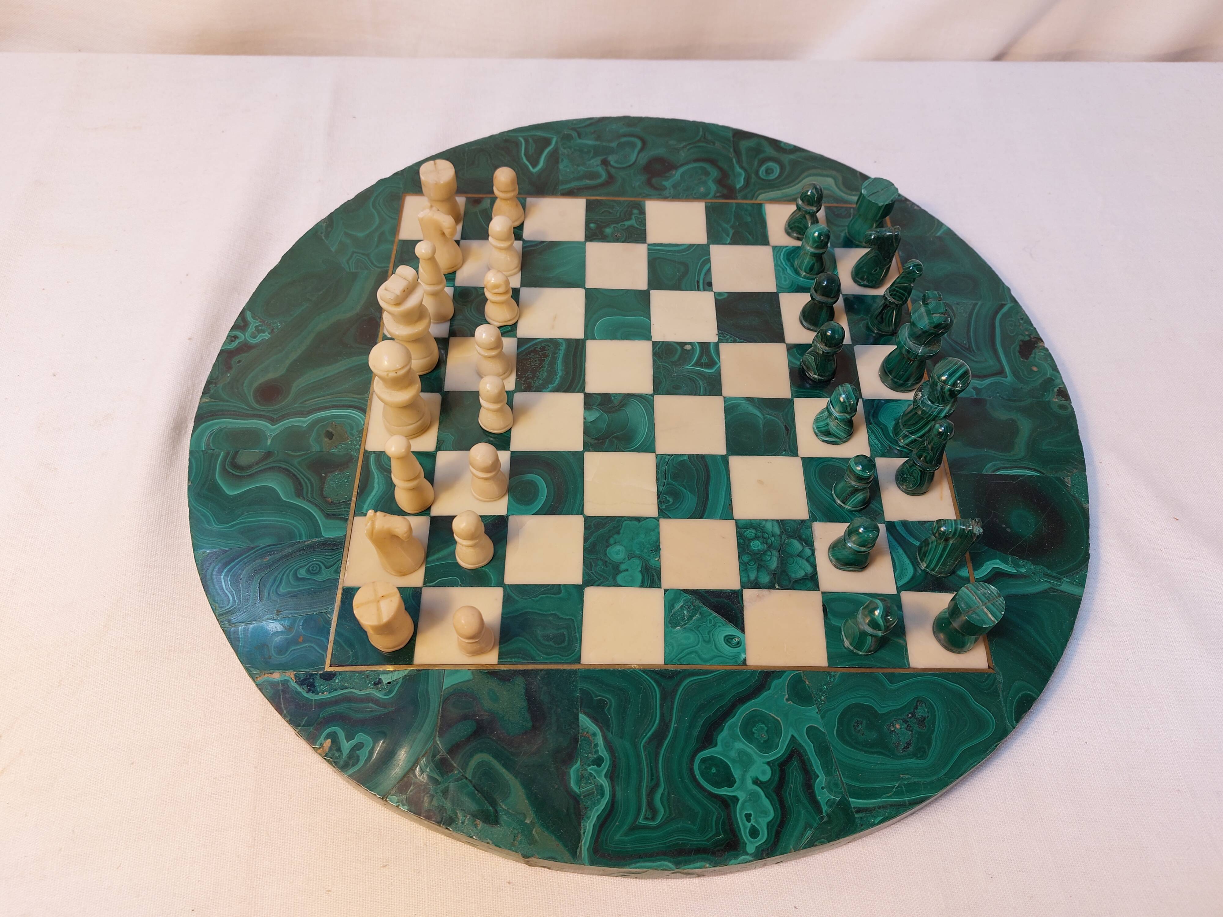 Vintage Complete Chess Set in Malachite and White Stone