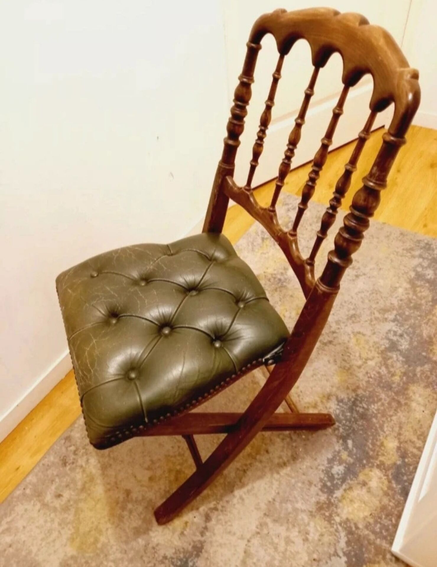 English folding chair - Vintage in wood and leather