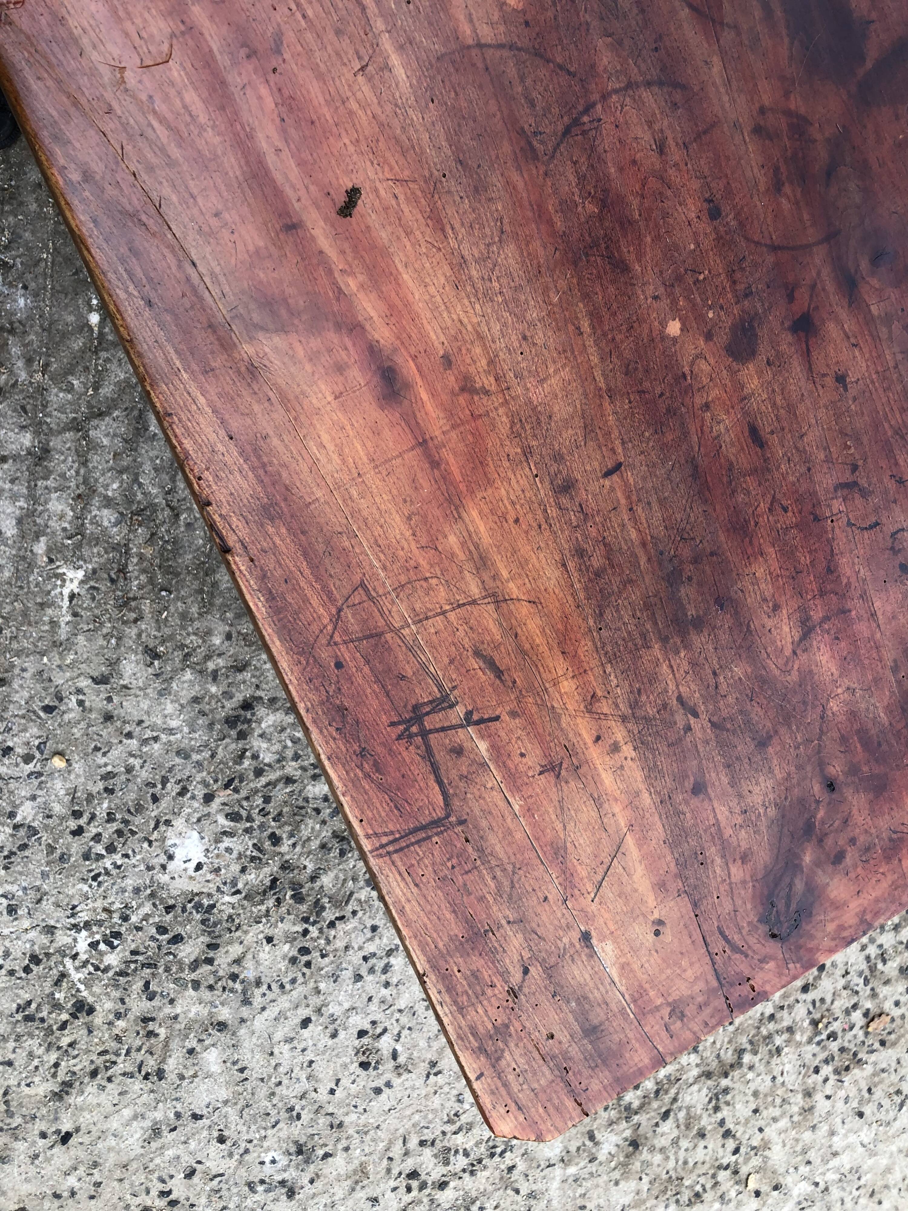 Old farmhouse table in solid cherry wood with 2 front drawers.