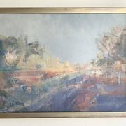 Vintage abstract landscape oil painting by Lars Falk, Sweden