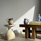 Solid wood bench with openwork base crossed by a cylinder - Mango wood