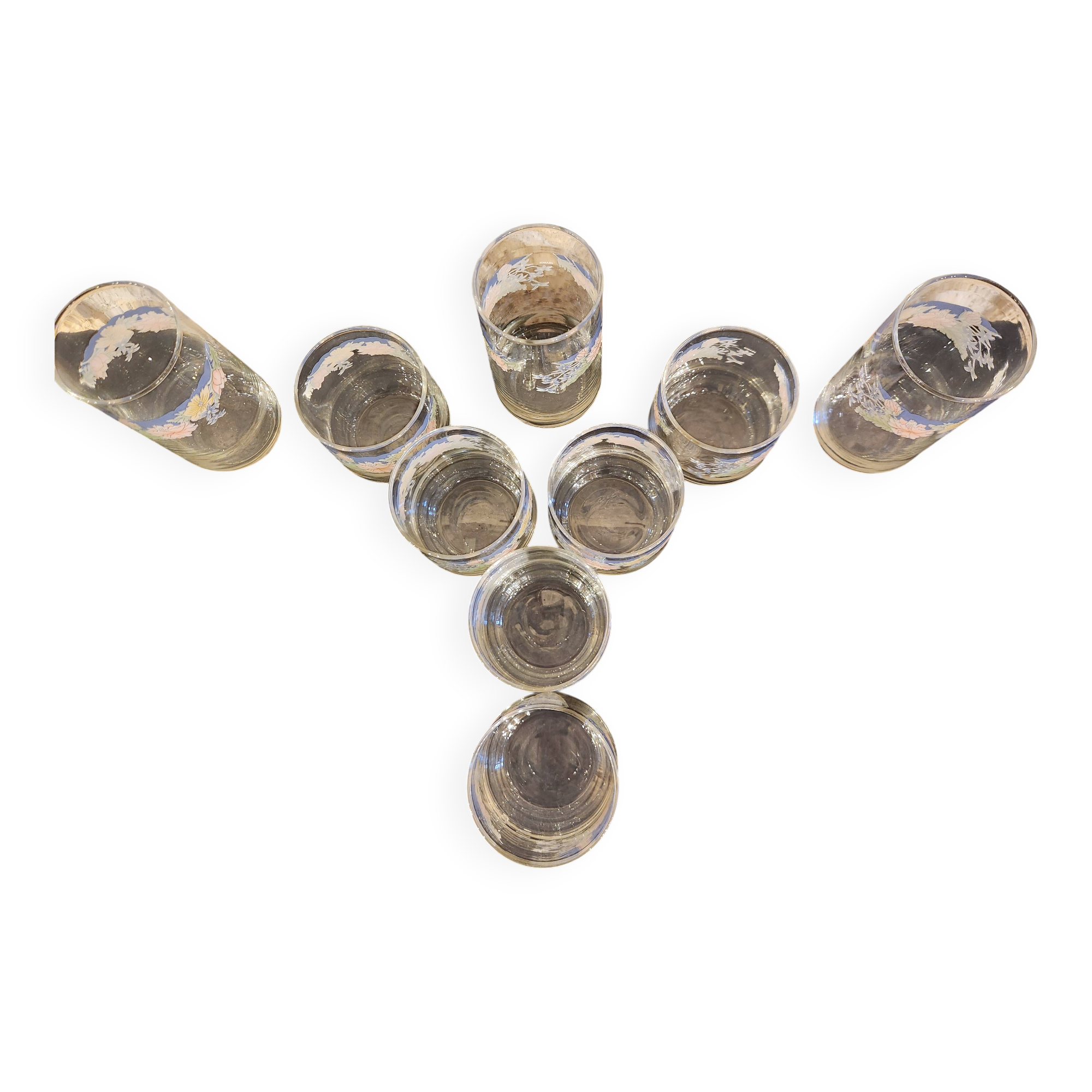 Set of 9 vintage Arcopal Florine glasses – pastel and floral