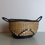 Vintage basket in black and beige raffia