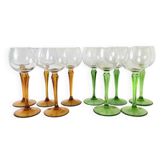 Vintage stemmed glasses, green or amber stem