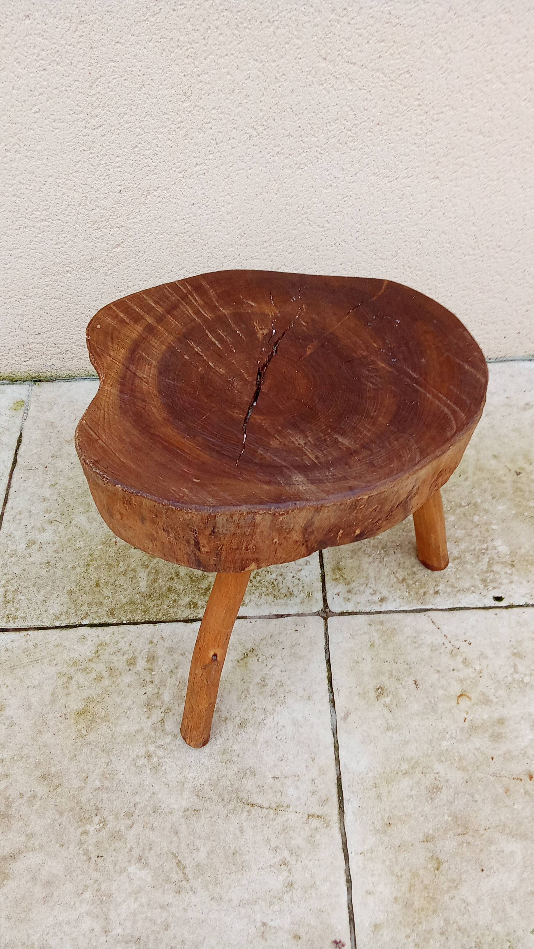 small vintage brutalist wooden tripod side table