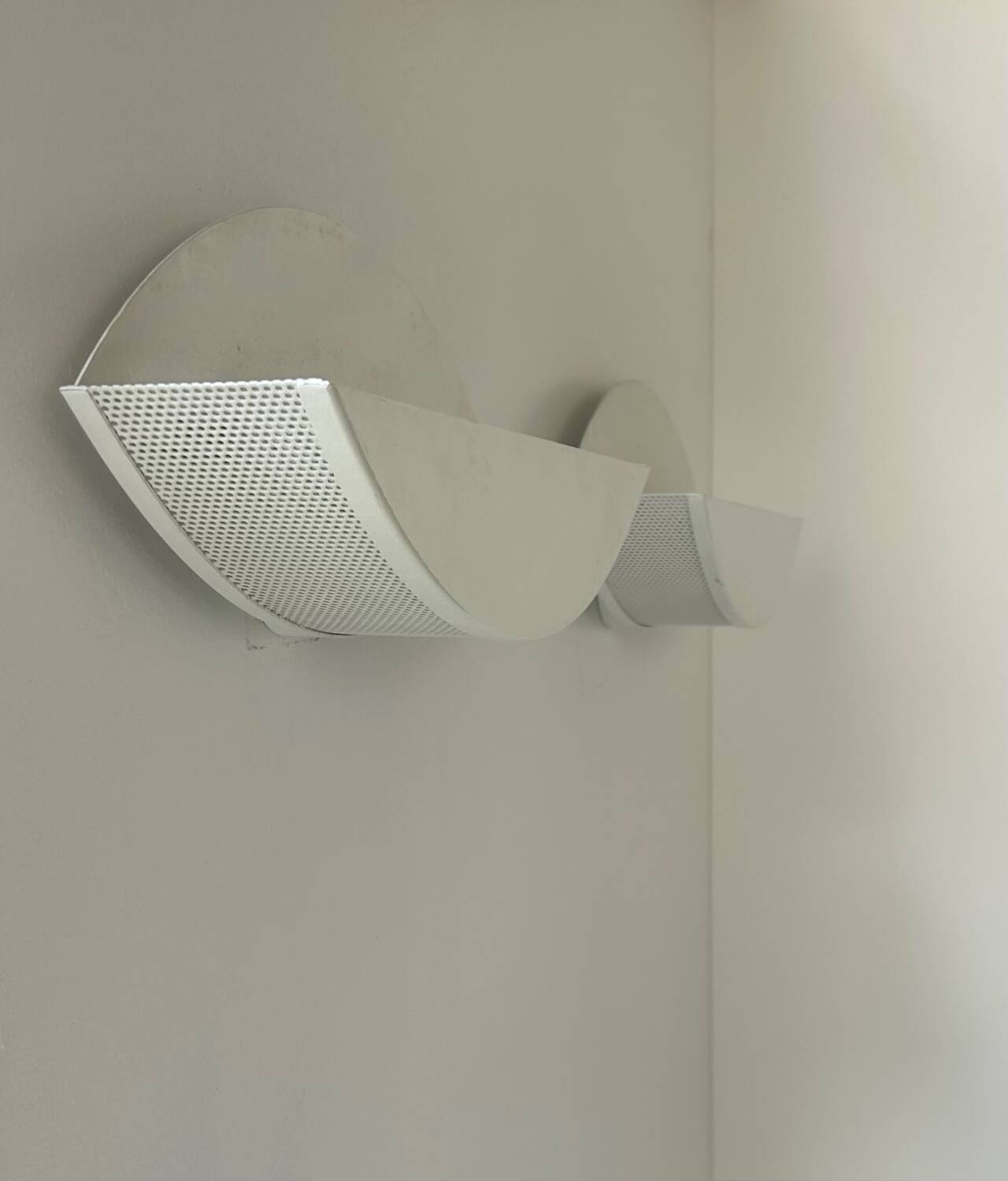 Pair of vintage white perforated metal wall lights, France 1980