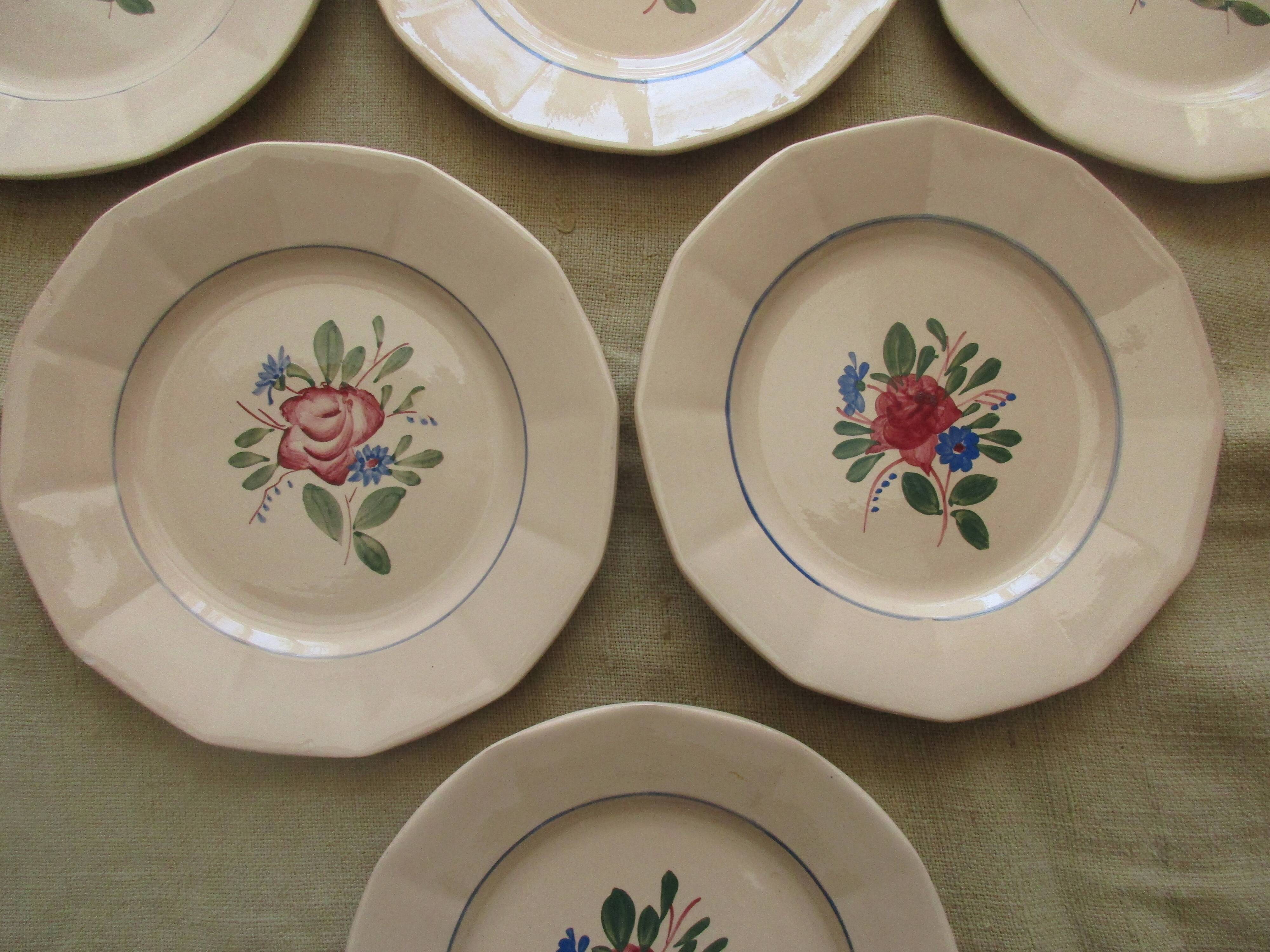 6 plates a decor floral on pink background faience digoin sarreguemine