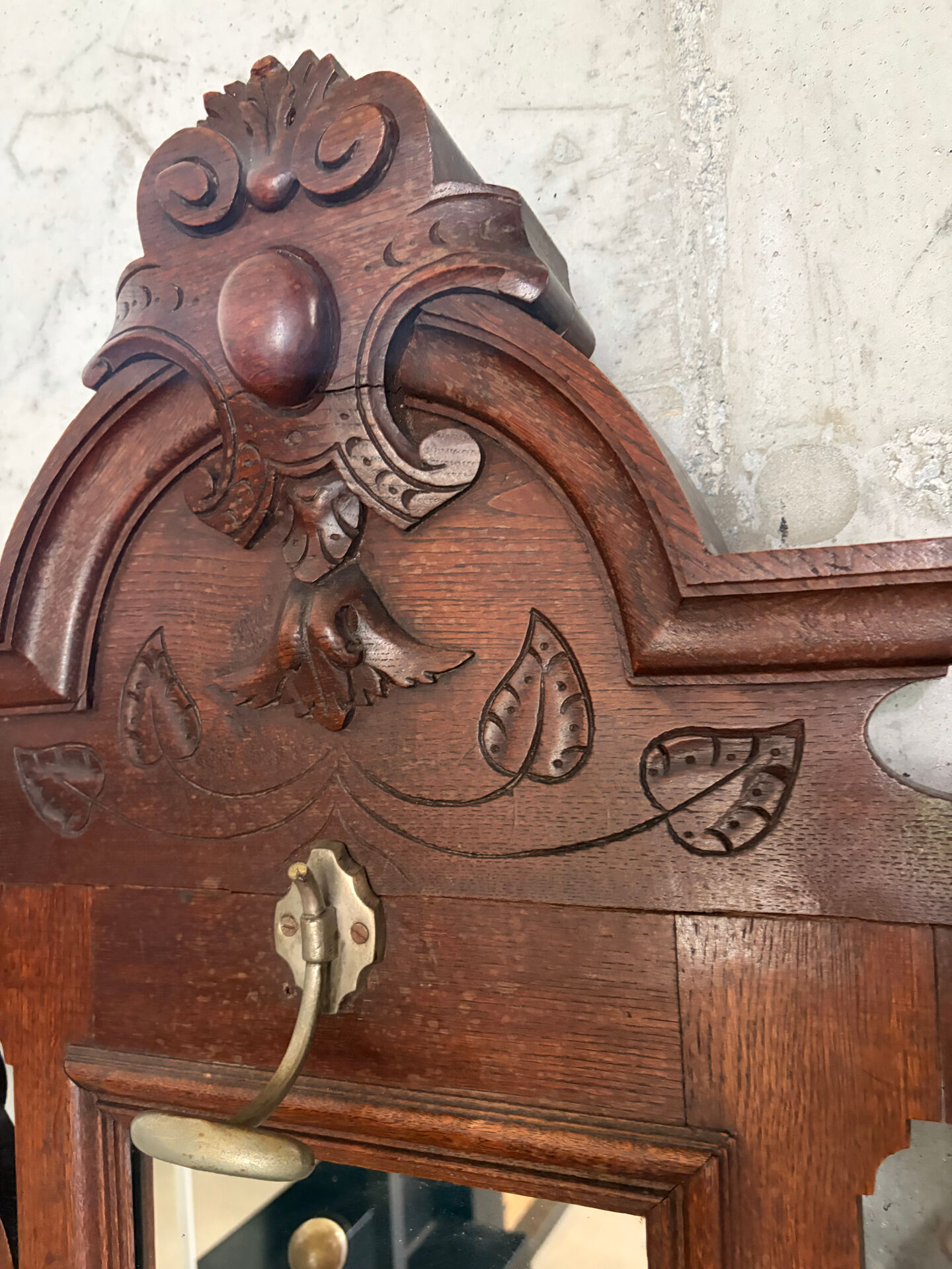 Antique oak carved coat stand, mirror and umbrella stand — late 19th century
