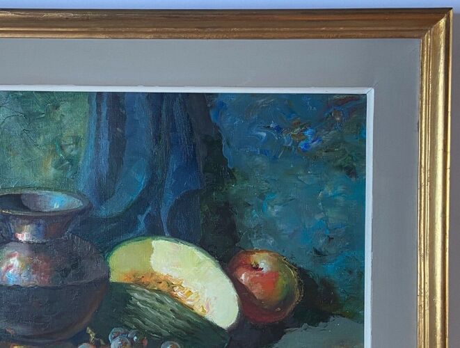Huile sur toile r signature à identifier nature morte aux fruits 1950