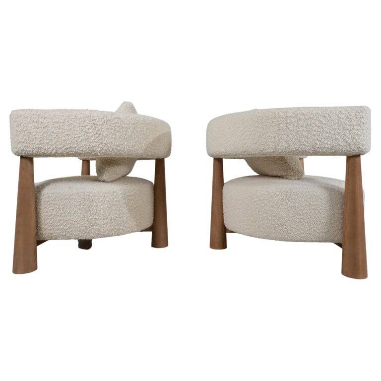 Contemporary Pair of Italian Armchairs, Wood and White Boucle Fabric