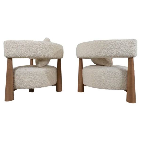 Contemporary Pair of Italian Armchairs, Wood and White Boucle Fabric