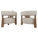 Contemporary Pair of Italian Armchairs, Wood and White Boucle Fabric