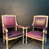 Pair of grey Louis XVI-style armchairs with inverted tapestry.