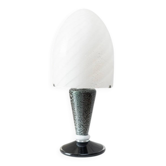 Murano Glass Mushroom Table Lamp with silver accents, black-and-white swirl, Space Age 1970s