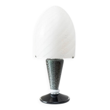 Murano Glass Mushroom Table Lamp with silver accents, black-and-white swirl, Space Age 1970s