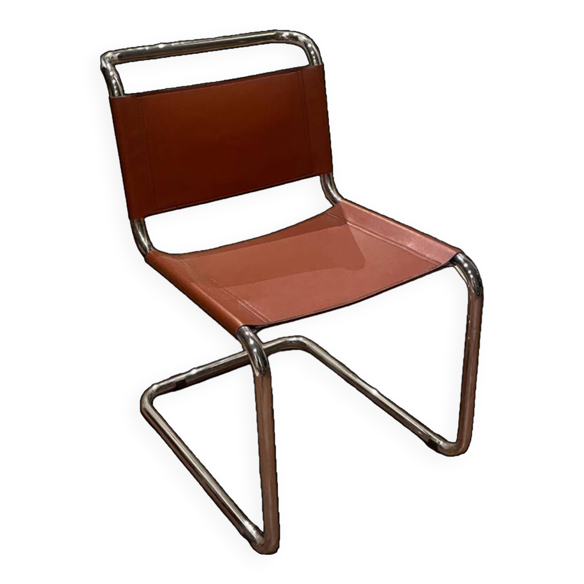 Hanging chair in Mart Stam S33 style in chrome metal and cognac imitation leather