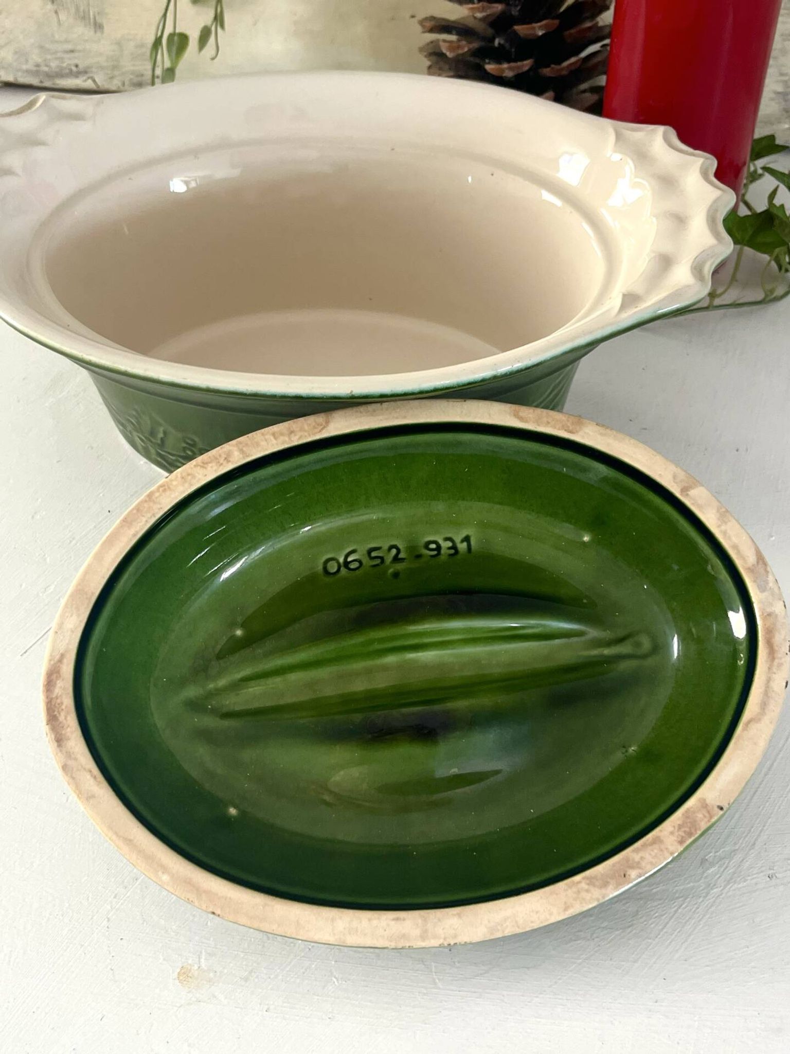 Christmas Terrine with Holly Lid, Green Ceramic Serving Dish, Vintage