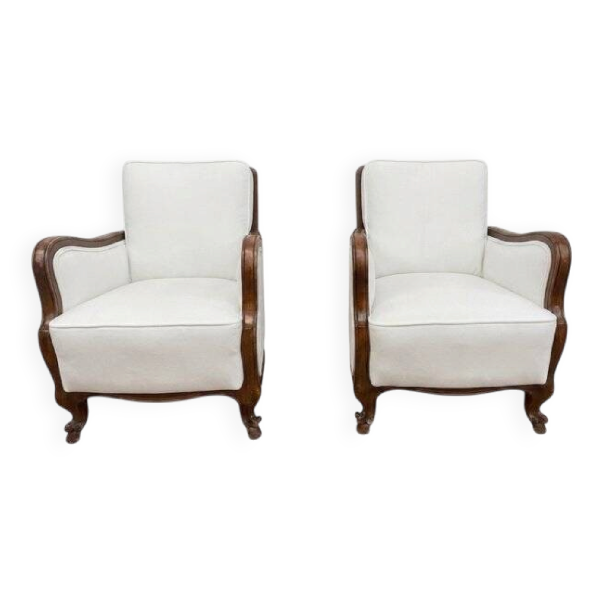 Classic Italian Armchairs with White Upholstery, 1920s, Set of 2