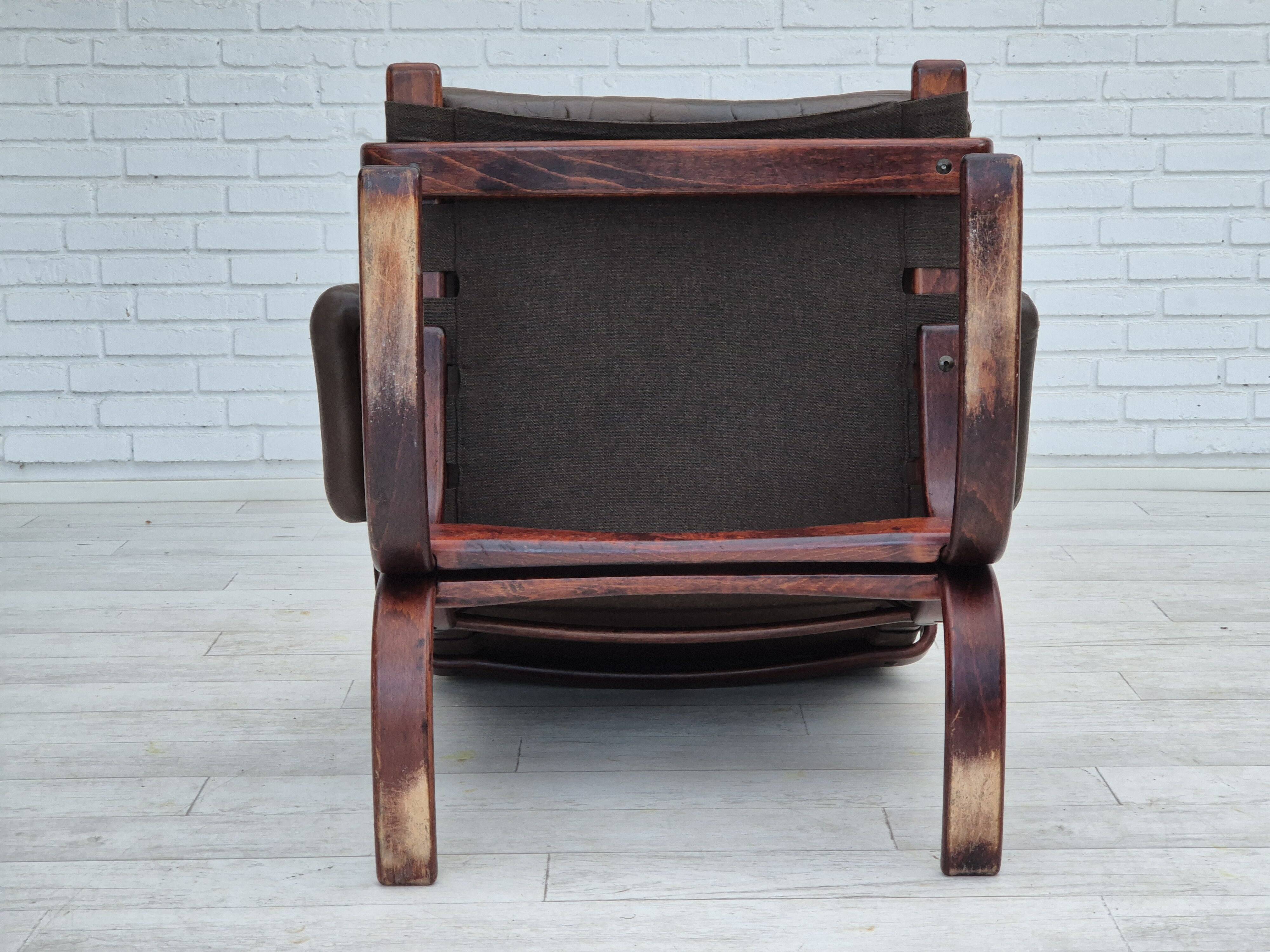 1970s, Scandinavian armchair, original condition, furniture leather, bent wood, canvas.