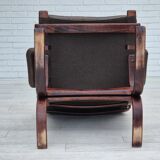 1970s, Scandinavian armchair, original condition, furniture leather, bent wood, canvas.