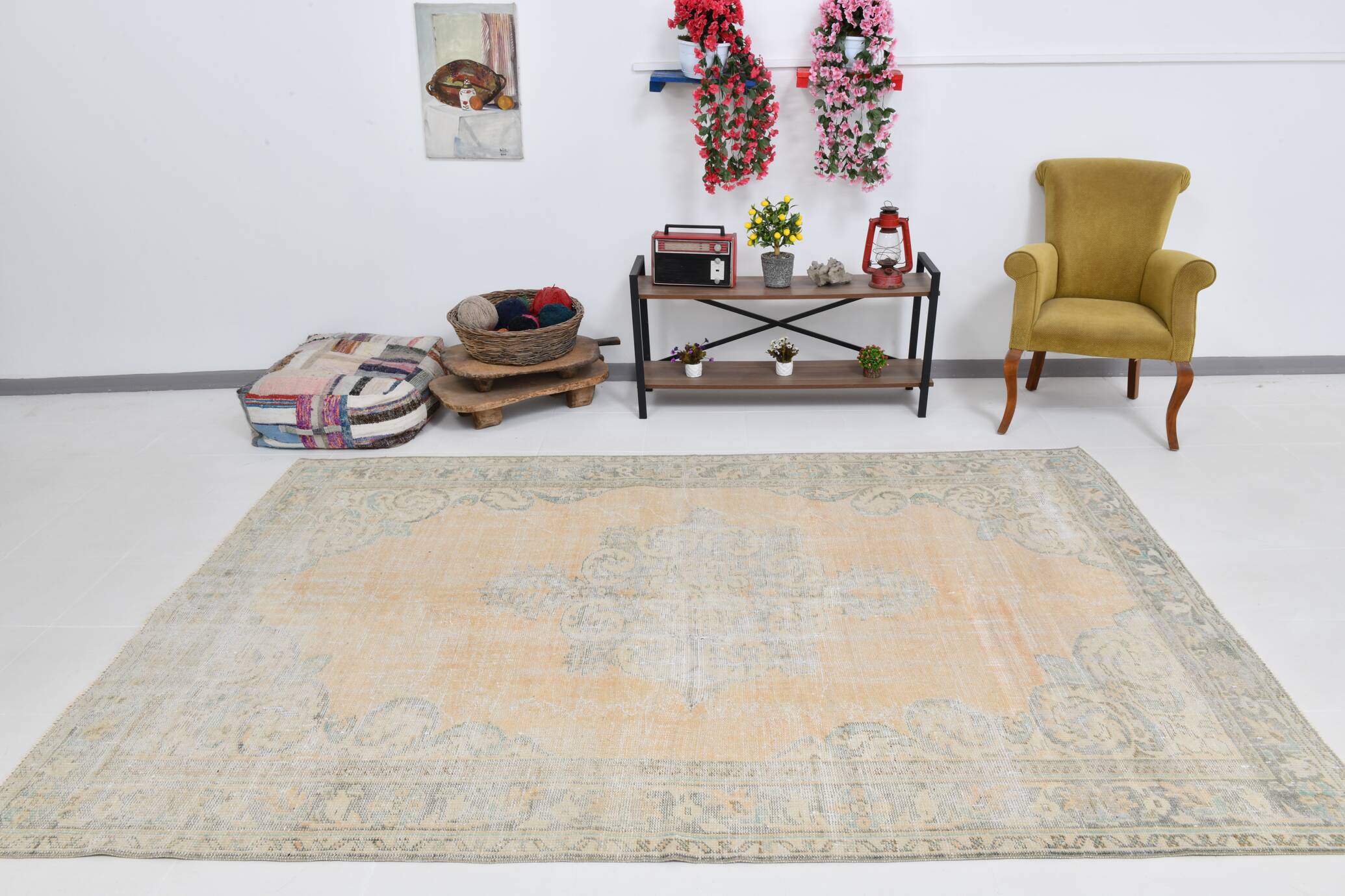 7x10 Light Yellow & Beige Vintage Rug 203x297Cm SK 21426