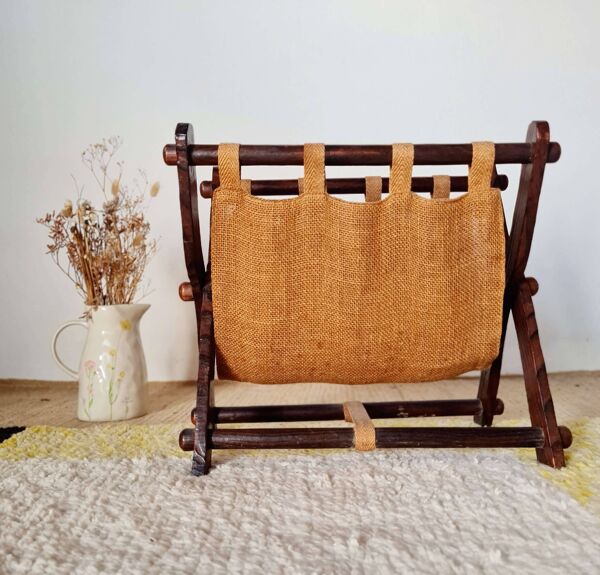 Porte-revues pliant bois et toile de jute - brutaliste