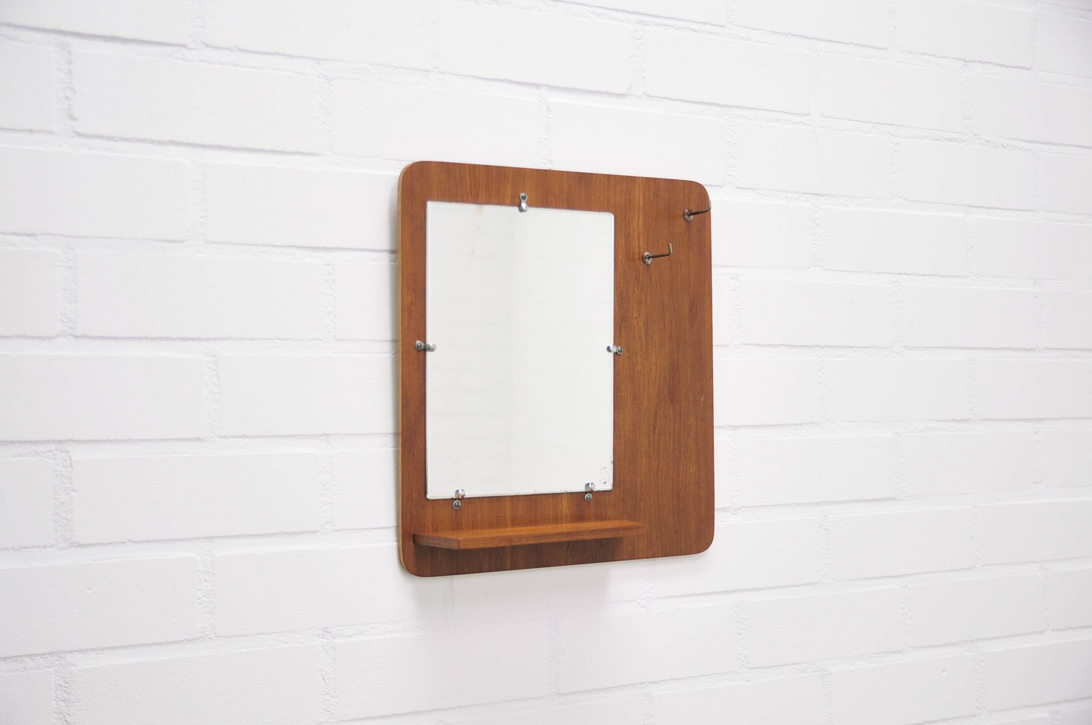 vintage teak wall mirror with hooks