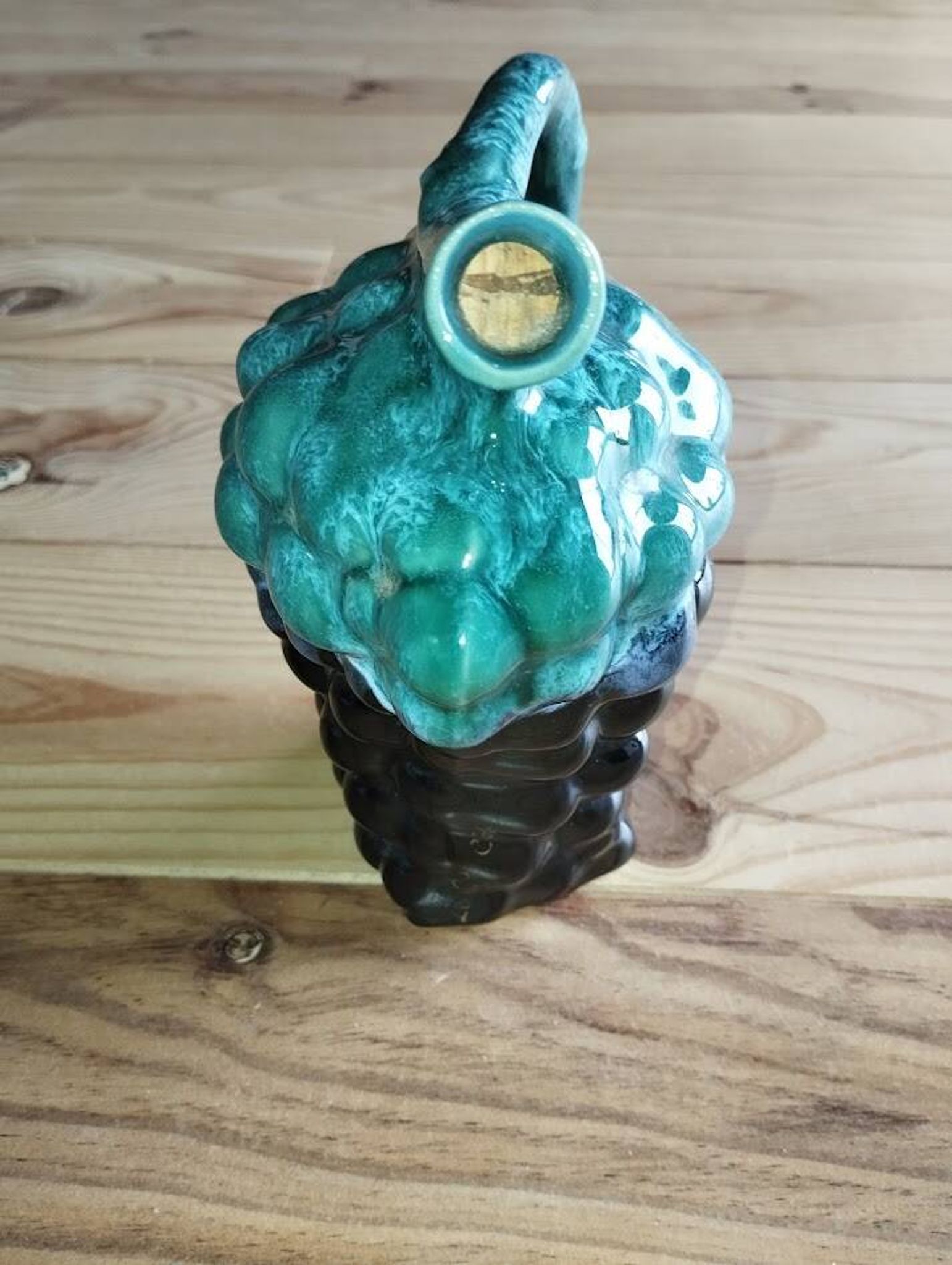 Vintage Vallauris jug in ceramic barbotine with grape decoration – 1950s