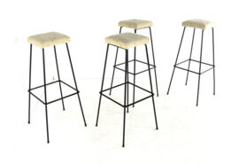 Set of 4 original vintage Bar Stools - black metal with fabric upholstery