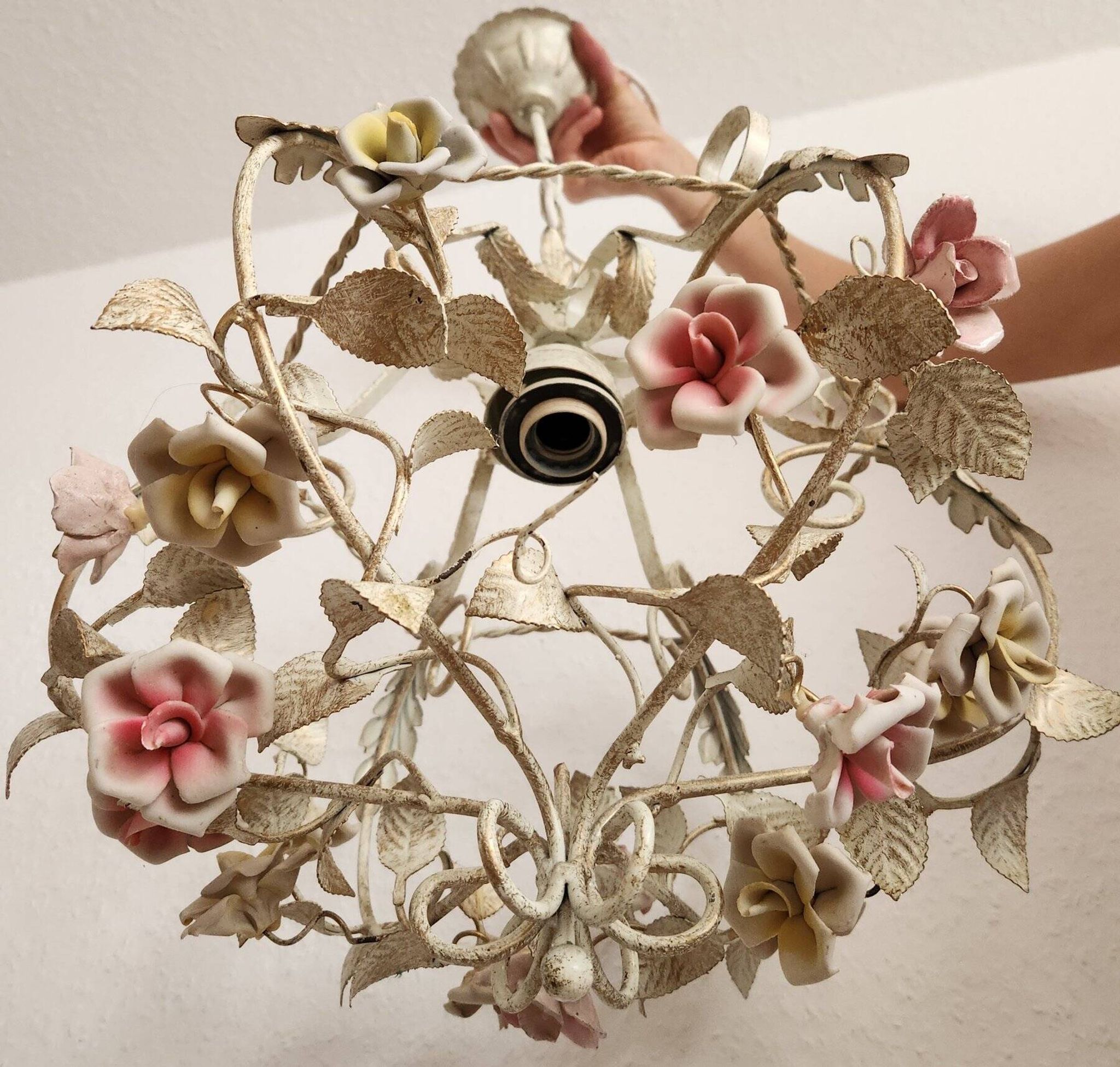 Hand-forged vintage pendant lamp with porcelain roses, Denz Neheim Hüsten
