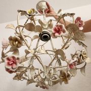 Hand-forged vintage pendant lamp with porcelain roses, Denz Neheim Hüsten